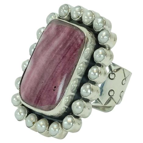 Large Rectangle Purple Spiny Oyster and Pearl Ring